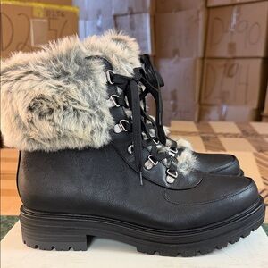 Sun + Stone Black Faux Fur-Trim Lace-Up Winter Ankle Boots